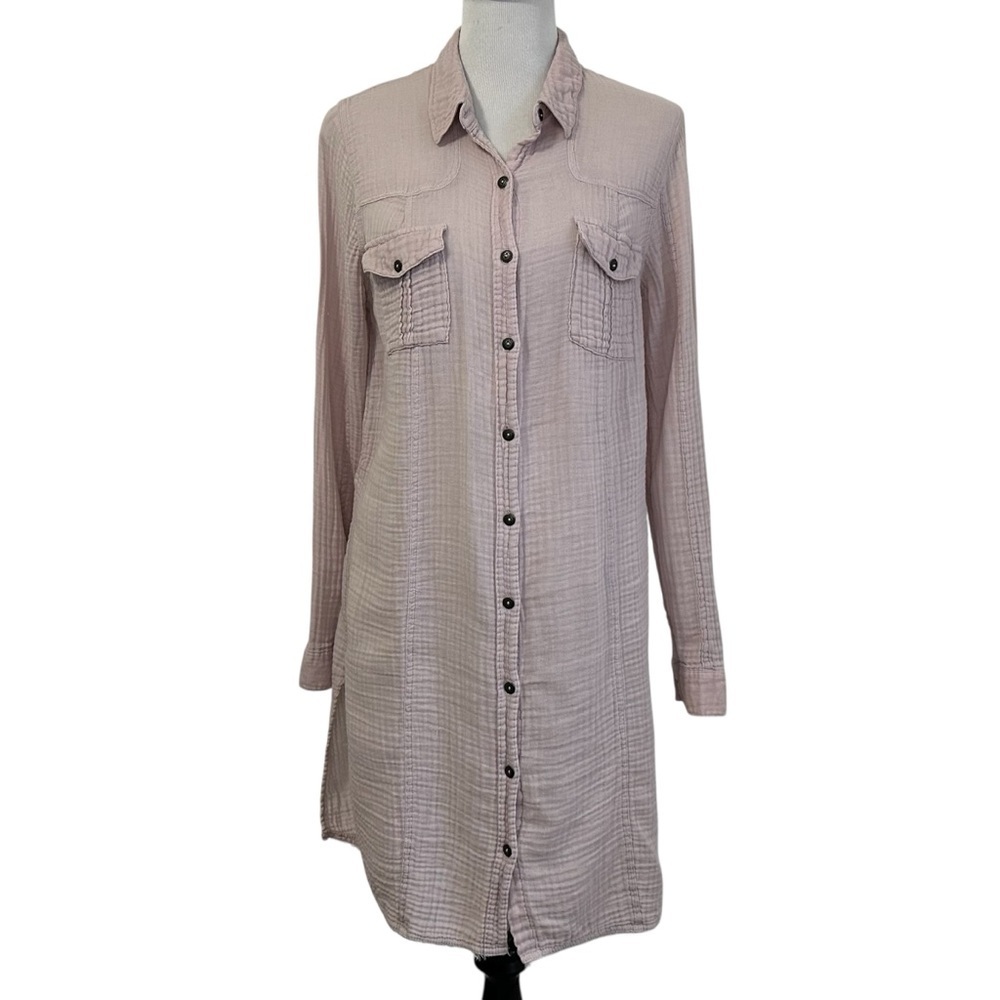 Free People Gauze Button Up Tunic Shirt Dress Sz Large Lavender Long Sleeve